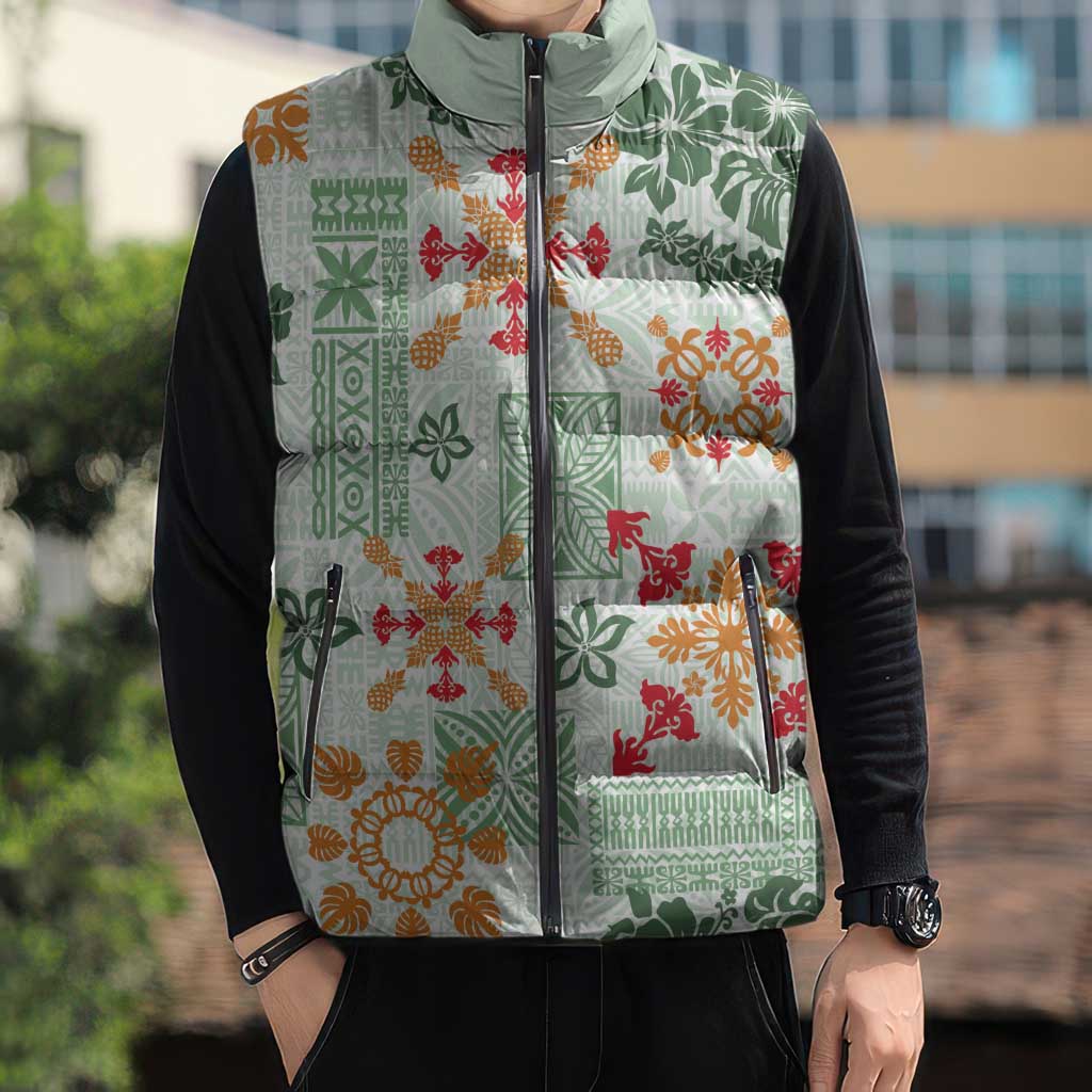 Hawaii Tapa Tribal Sleeveless Puffer Jacket With Hawaiian Quilt Pattern Green LT9 - Polynesian Pride