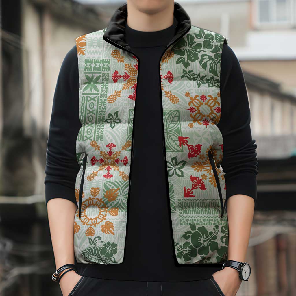 Hawaii Tapa Tribal Sleeveless Puffer Jacket With Hawaiian Quilt Pattern Green LT9 - Polynesian Pride