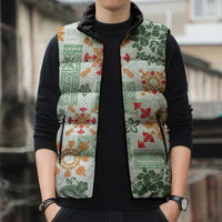 Hawaii Tapa Tribal Sleeveless Puffer Jacket With Hawaiian Quilt Pattern Green LT9 - Polynesian Pride