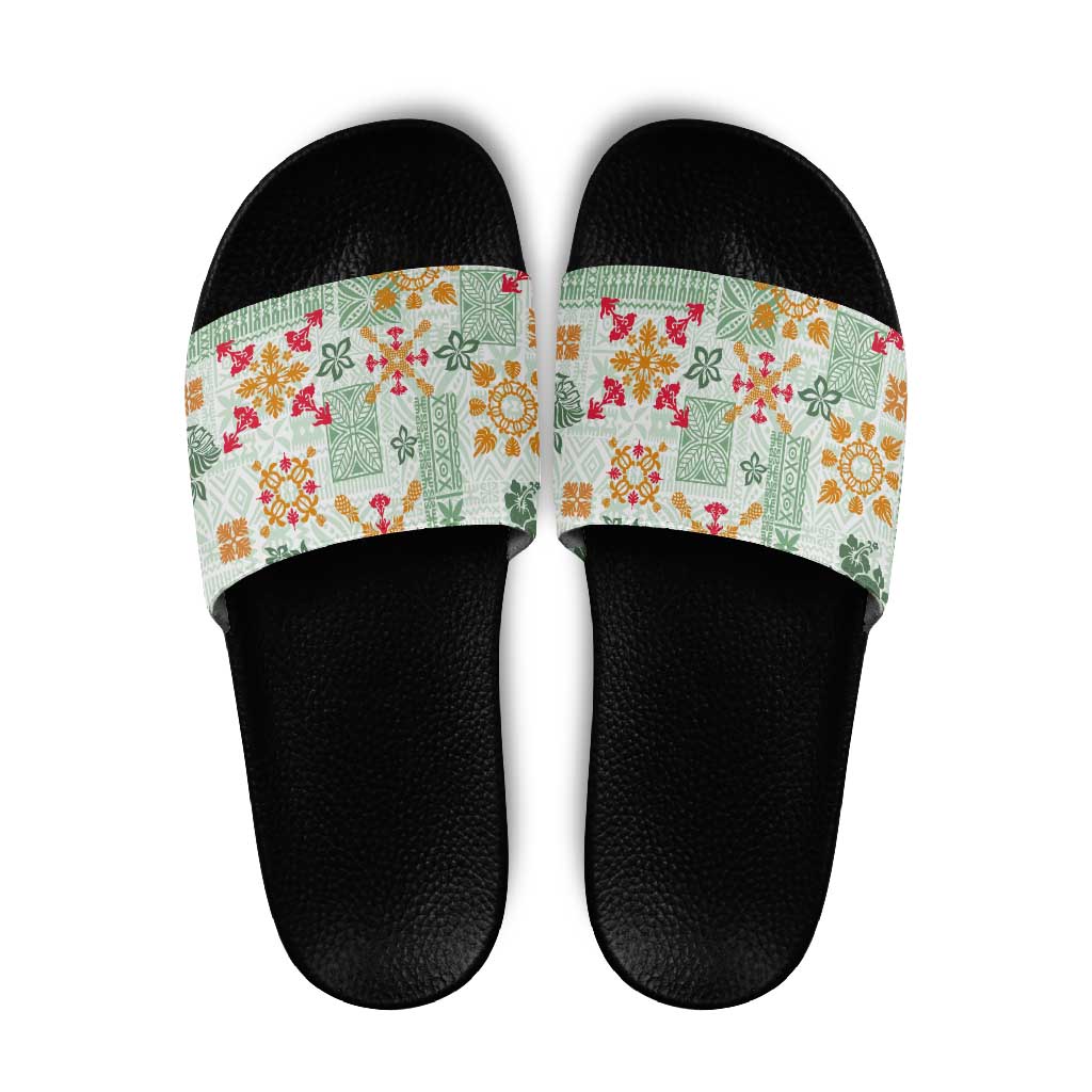 Hawaii Tapa Tribal Slide Sandals With Hawaiian Quilt Pattern Green - Polynesian Pride
