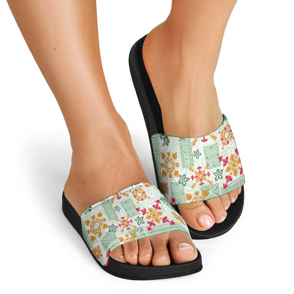Hawaii Tapa Tribal Slide Sandals With Hawaiian Quilt Pattern Green LT9 - Polynesian Pride