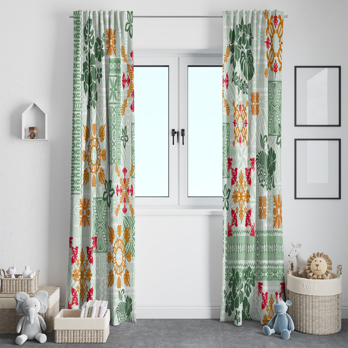 Hawaii Tapa Tribal Window Curtain With Hawaiian Quilt Pattern Green LT9 - Polynesian Pride