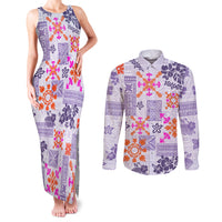 Hawaii Tapa Tribal Couples Matching Tank Maxi Dress and Long Sleeve Button Shirt With Hawaiian Quilt Pattern Violet LT9 Violet - Polynesian Pride