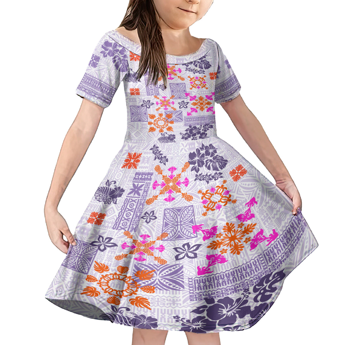Hawaii Tapa Tribal Family Matching Summer Maxi Dress and Hawaiian Shirt With Hawaiian Quilt Pattern Violet LT9 Daughter's Dress Violet - Polynesian Pride