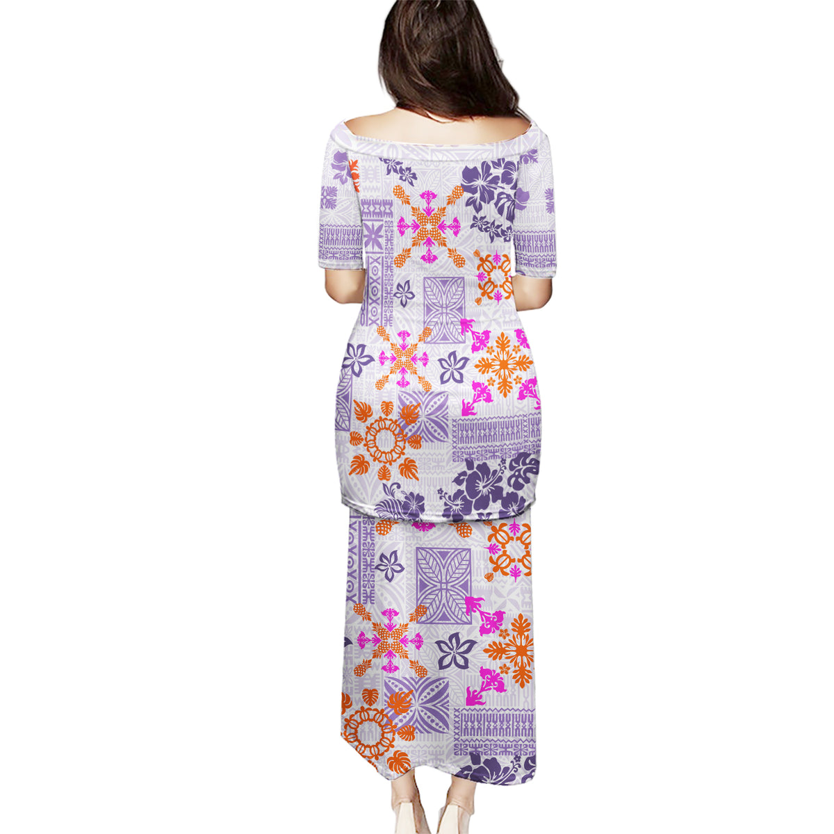 Hawaii Tapa Tribal Puletasi With Hawaiian Quilt Pattern Violet LT9 - Polynesian Pride