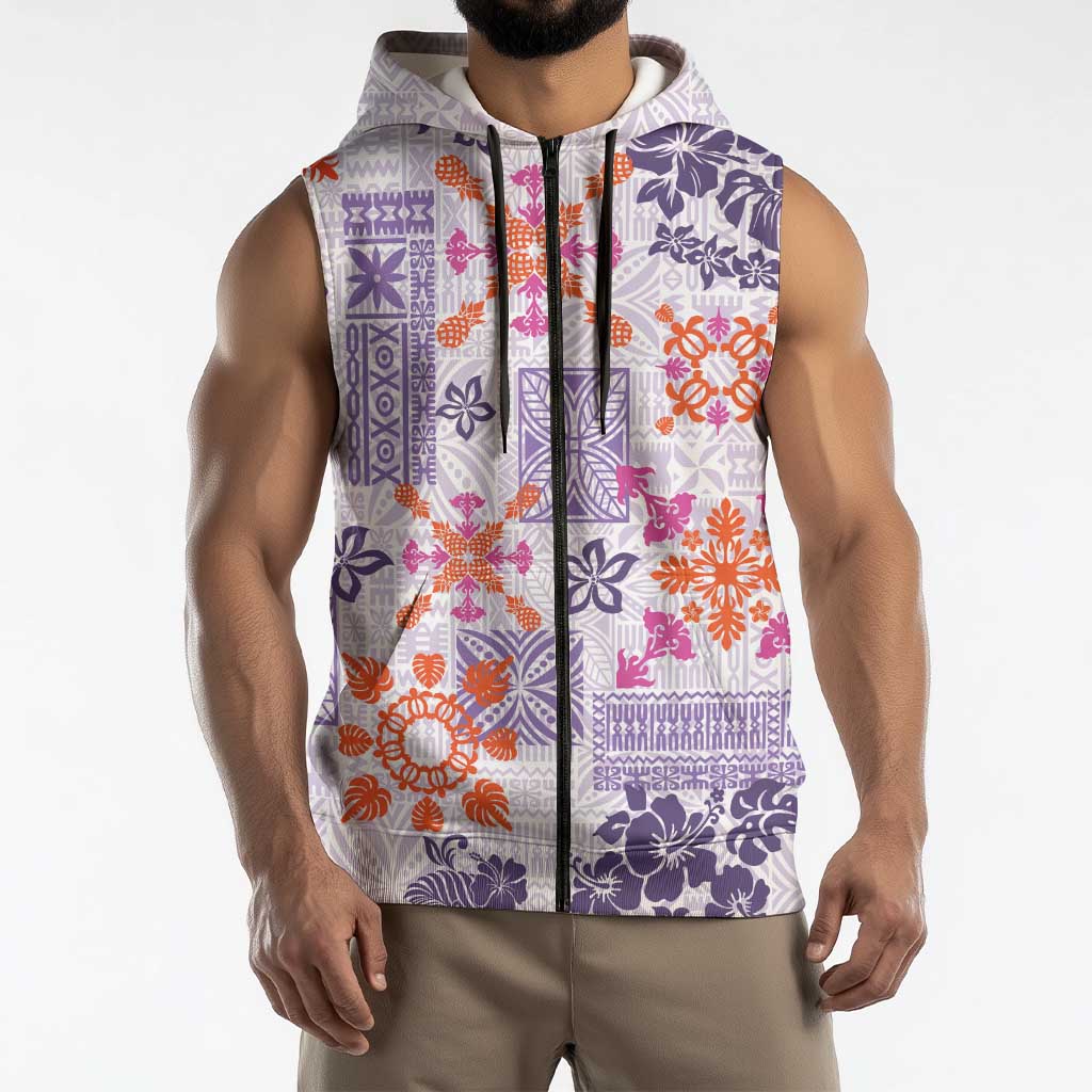 Hawaii Tapa Tribal Sleeveless Zip Hoodie With Hawaiian Quilt Pattern Violet - Polynesian Pride