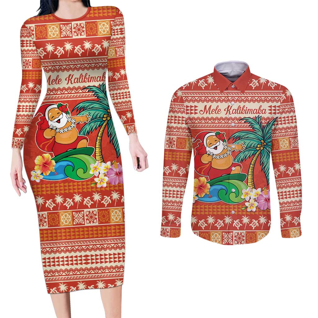 Hawaii Mele Kalikimaka Couples Matching Long Sleeve Bodycon Dress and Long Sleeve Button Shirt Surfing Santa Funny Christmas