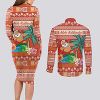 Hawaii Mele Kalikimaka Couples Matching Long Sleeve Bodycon Dress and Long Sleeve Button Shirt Surfing Santa Funny Christmas