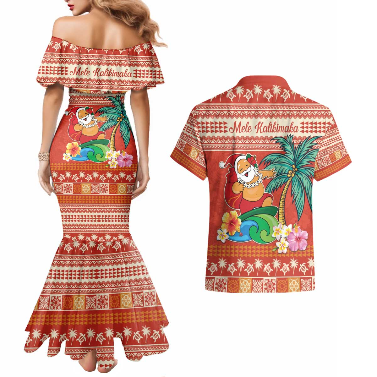 Hawaii Mele Kalikimaka Couples Matching Mermaid Dress and Hawaiian Shirt Surfing Santa Funny Christmas LT9 - Polynesian Pride