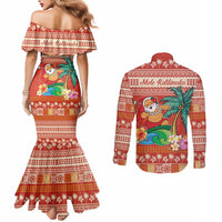 Hawaii Mele Kalikimaka Couples Matching Mermaid Dress and Long Sleeve Button Shirt Surfing Santa Funny Christmas