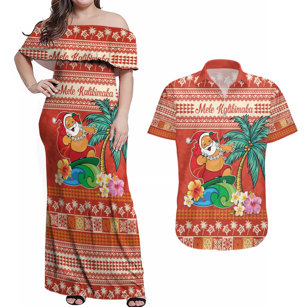 Hawaii Mele Kalikimaka Couples Matching Off Shoulder Maxi Dress and Hawaiian Shirt Surfing Santa Funny Christmas LT9 Red - Polynesian Pride