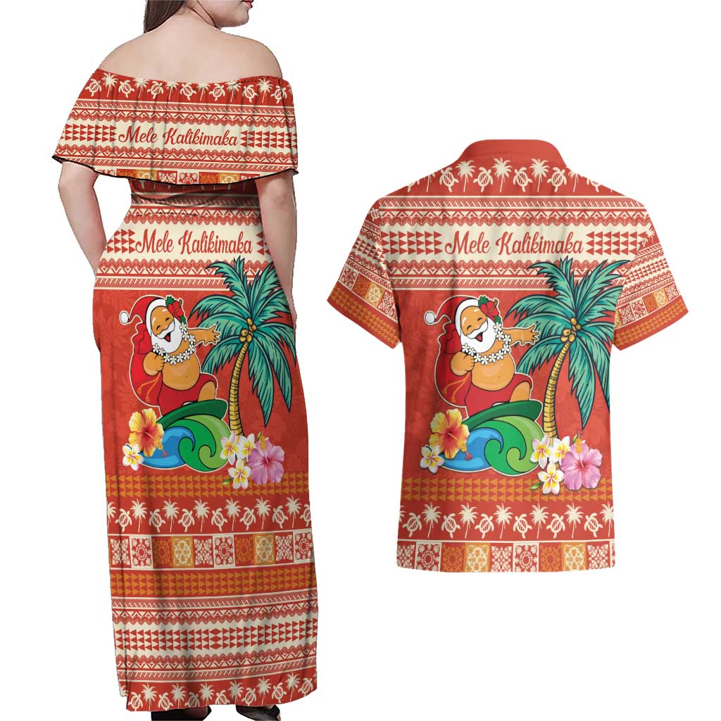 Hawaii Mele Kalikimaka Couples Matching Off Shoulder Maxi Dress and Hawaiian Shirt Surfing Santa Funny Christmas LT9 - Polynesian Pride