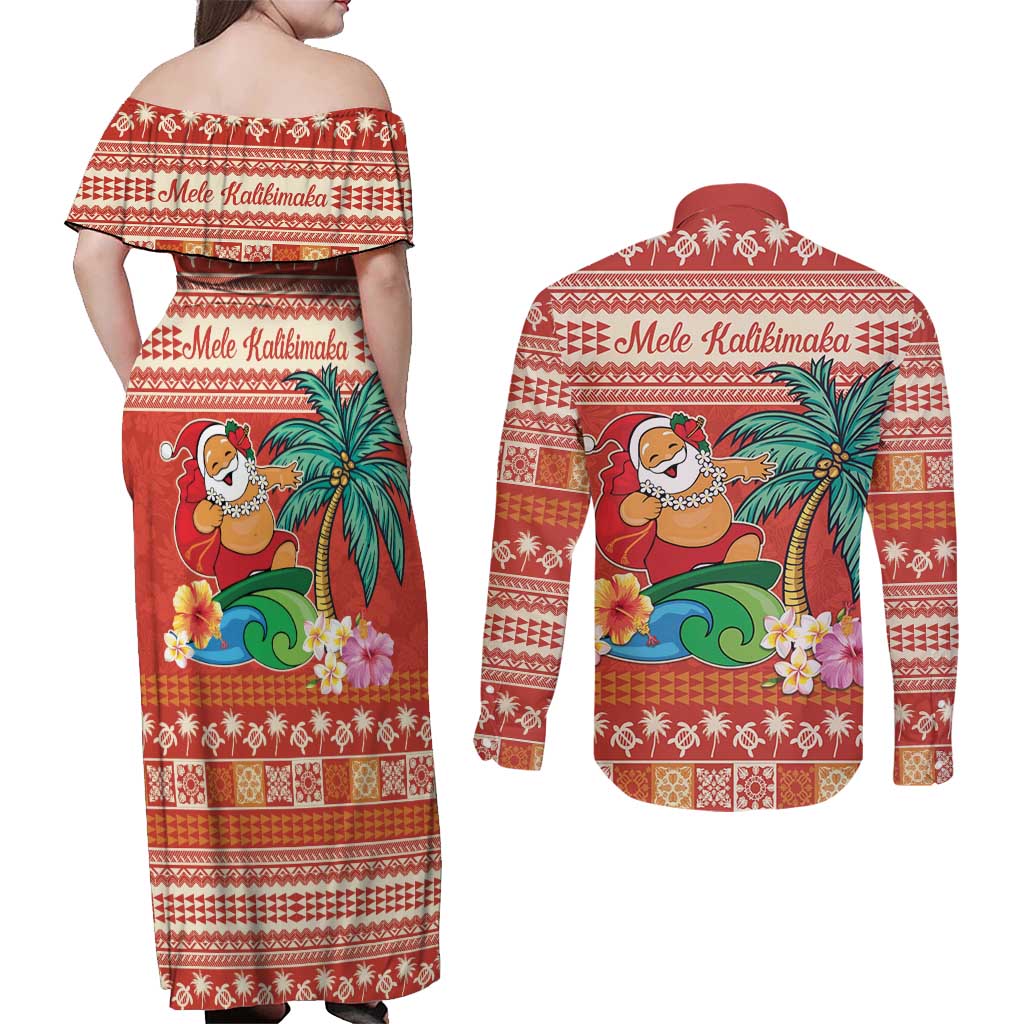 Hawaii Mele Kalikimaka Couples Matching Off Shoulder Maxi Dress and Long Sleeve Button Shirt Surfing Santa Funny Christmas