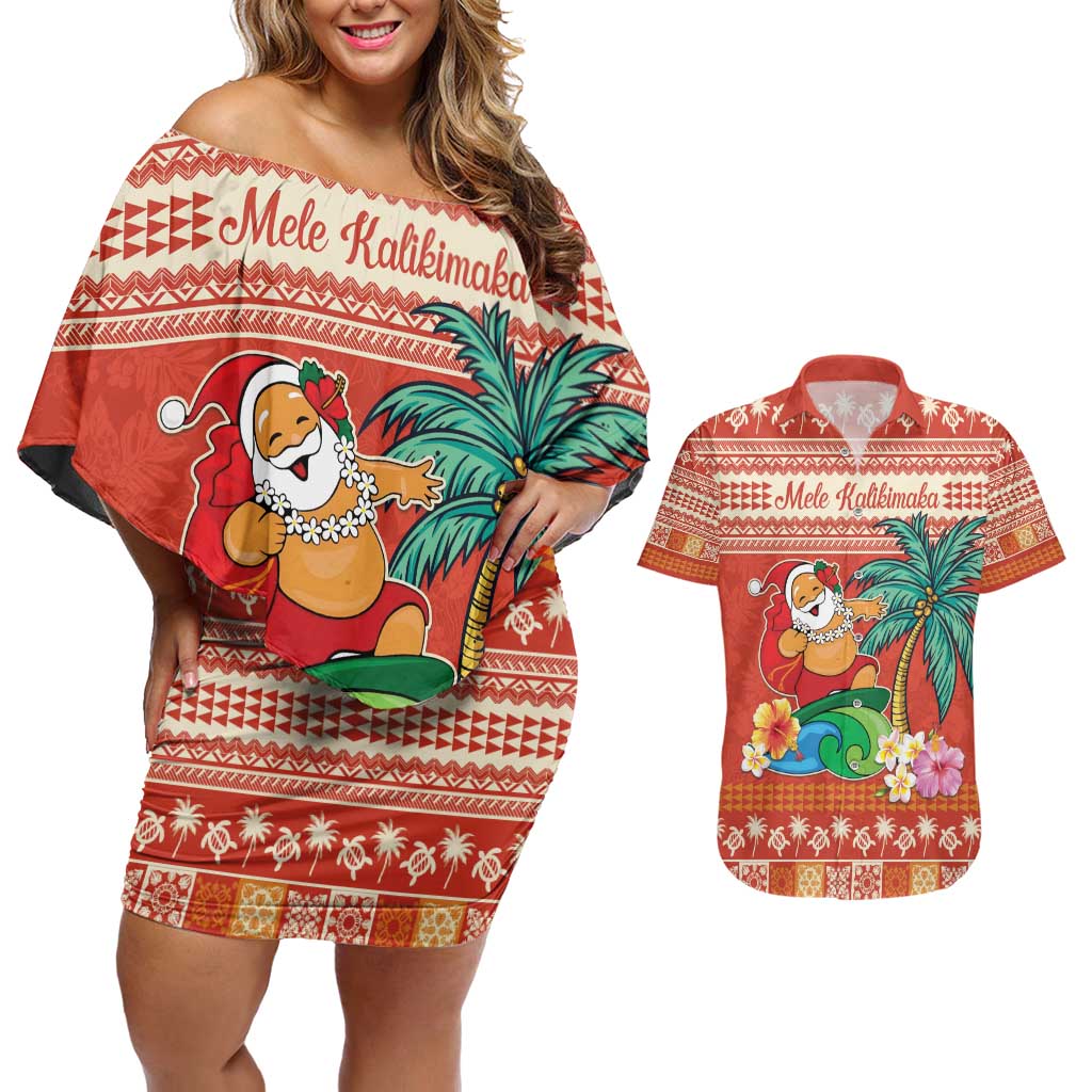 Hawaii Mele Kalikimaka Couples Matching Off Shoulder Short Dress and Hawaiian Shirt Surfing Santa Funny Christmas