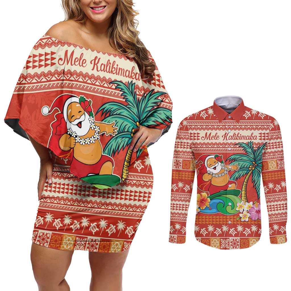 Hawaii Mele Kalikimaka Couples Matching Off Shoulder Short Dress and Long Sleeve Button Shirt Surfing Santa Funny Christmas
