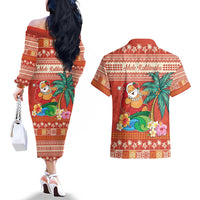 Hawaii Mele Kalikimaka Couples Matching Off The Shoulder Long Sleeve Dress and Hawaiian Shirt Surfing Santa Funny Christmas LT9 - Polynesian Pride