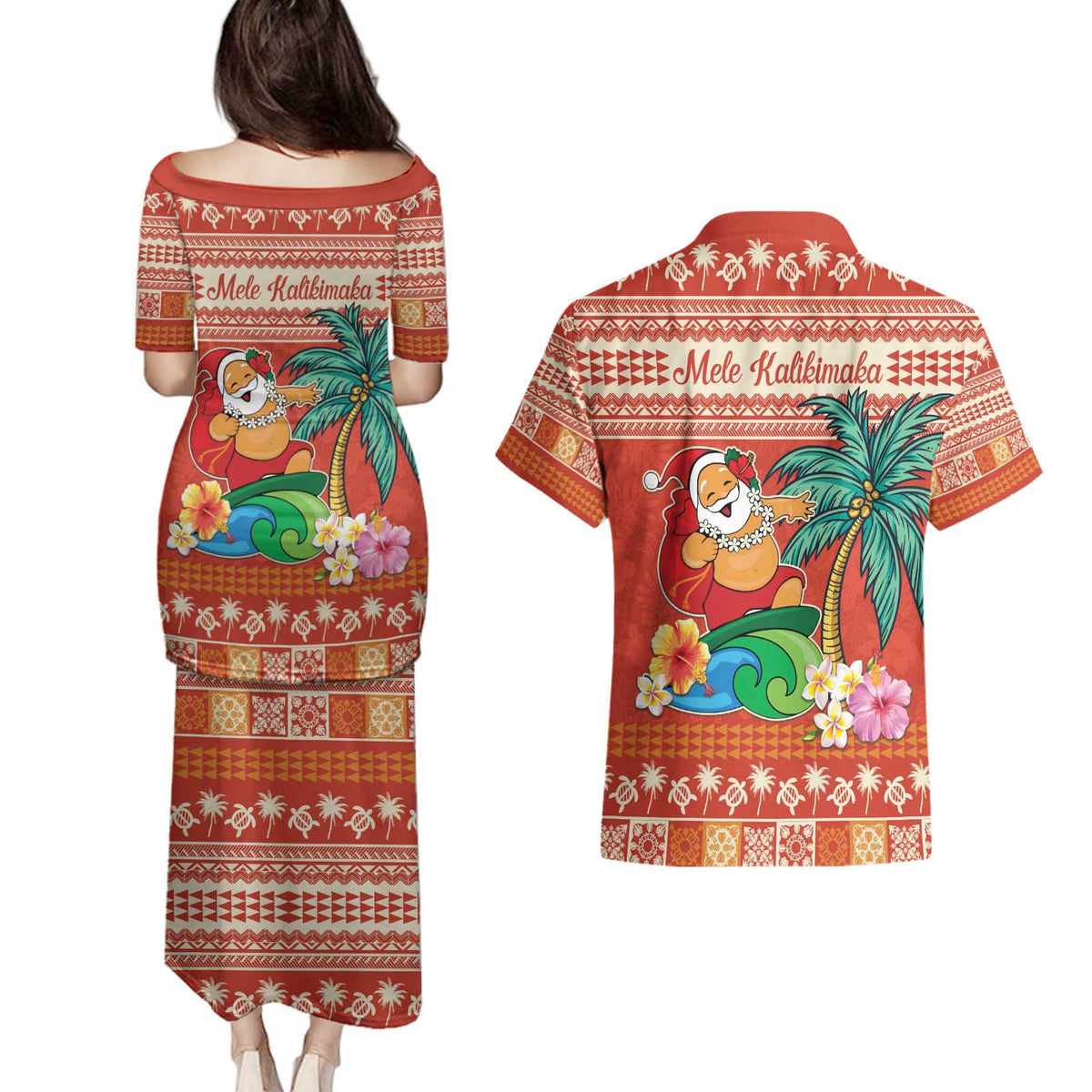 Hawaii Mele Kalikimaka Couples Matching Puletasi and Hawaiian Shirt Surfing Santa Funny Christmas LT9 - Polynesian Pride