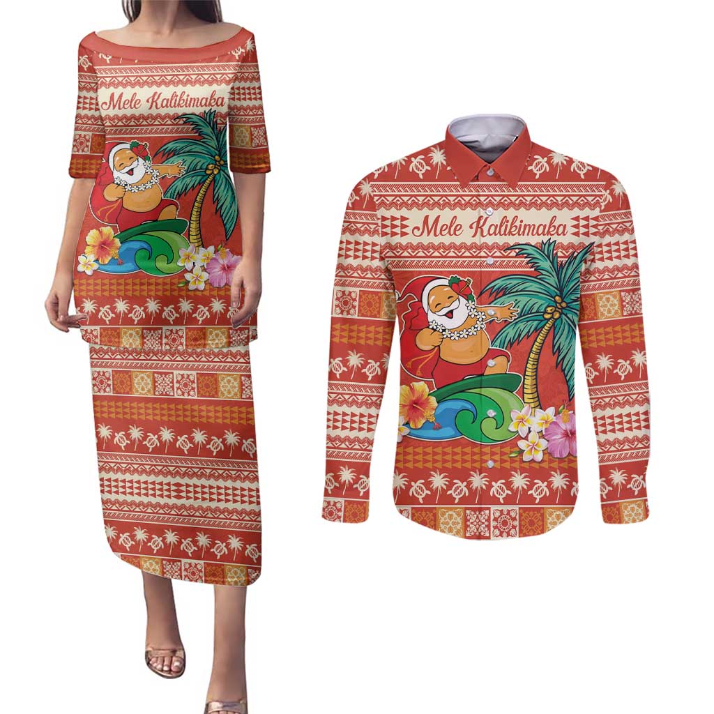 Hawaii Mele Kalikimaka Couples Matching Puletasi and Long Sleeve Button Shirt Surfing Santa Funny Christmas LT9 Red - Polynesian Pride