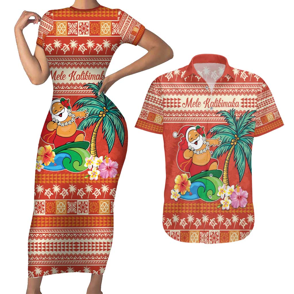 Hawaii Mele Kalikimaka Couples Matching Short Sleeve Bodycon Dress and Hawaiian Shirt Surfing Santa Funny Christmas LT9 Red - Polynesian Pride