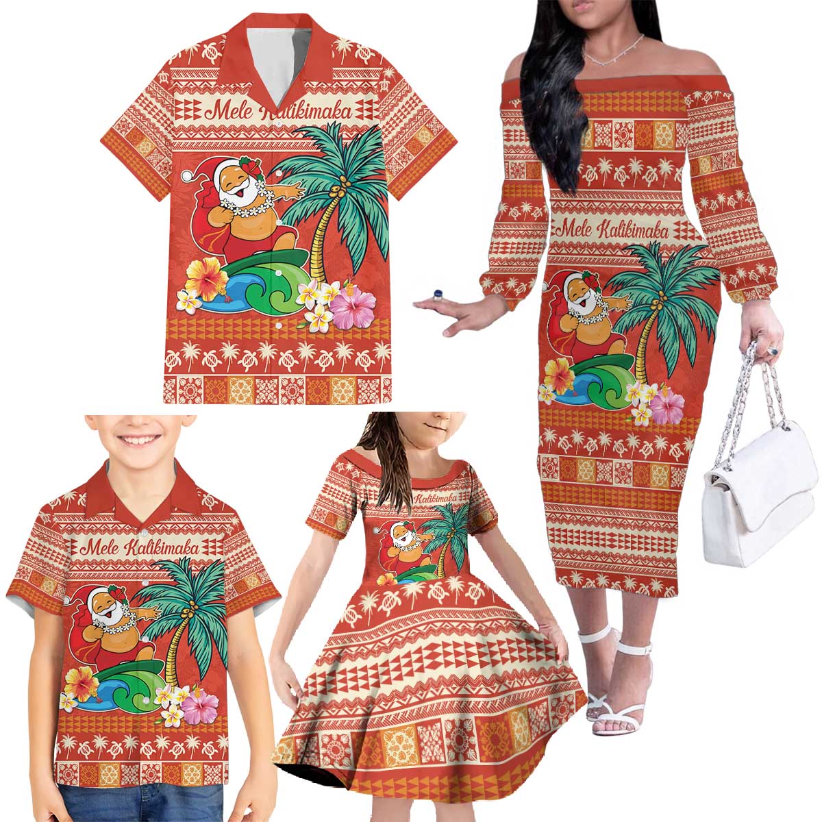 Hawaii Mele Kalikimaka Family Matching Off The Shoulder Long Sleeve Dress and Hawaiian Shirt Surfing Santa Funny Christmas LT9 - Polynesian Pride