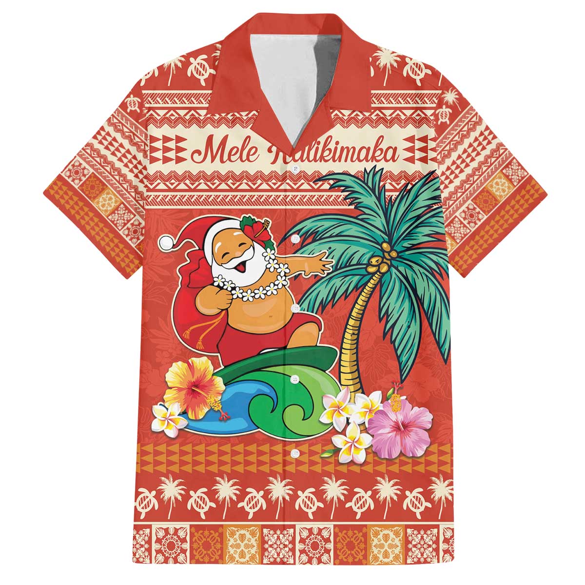 Hawaii Mele Kalikimaka Family Matching Off The Shoulder Long Sleeve Dress and Hawaiian Shirt Surfing Santa Funny Christmas LT9 Dad's Shirt - Short Sleeve Red - Polynesian Pride