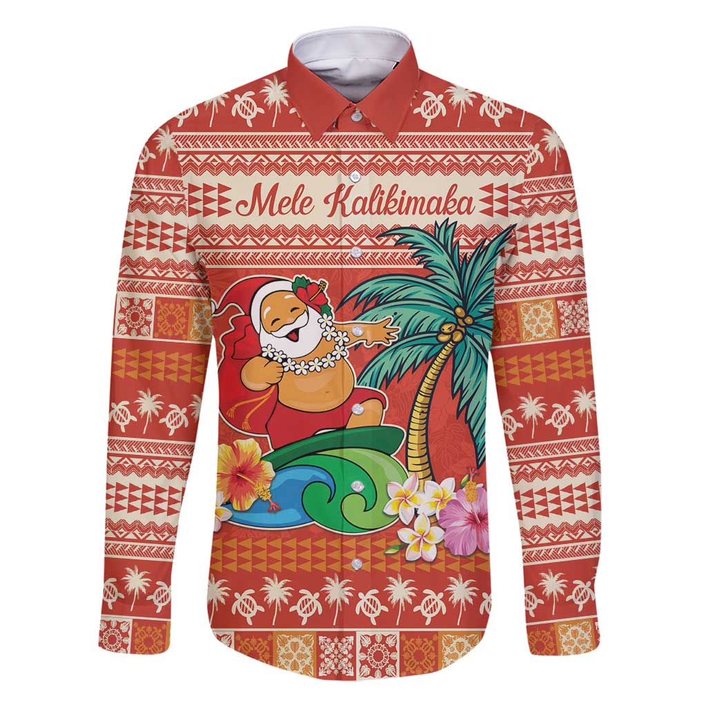 Hawaii Mele Kalikimaka Family Matching Off Shoulder Maxi Dress and Hawaiian Shirt Surfing Santa Funny Christmas LT9 Dad's Shirt - Long Sleeve Red - Polynesian Pride