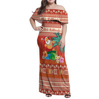 Hawaii Mele Kalikimaka Family Matching Off Shoulder Maxi Dress and Hawaiian Shirt Surfing Santa Funny Christmas LT9 Mom's Dress Red - Polynesian Pride