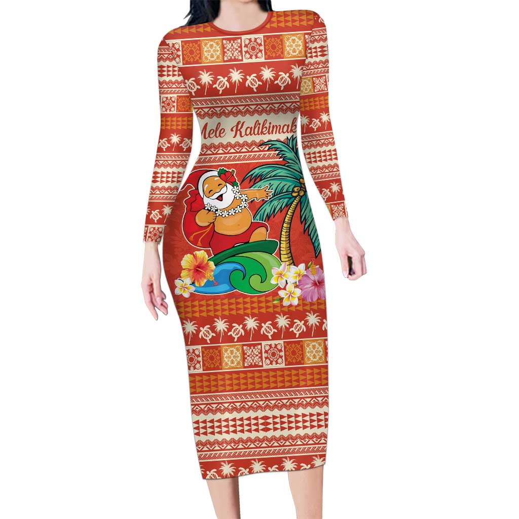 Hawaii Mele Kalikimaka Long Sleeve Bodycon Dress Surfing Santa Funny Christmas LT9 Long Dress Red - Polynesian Pride