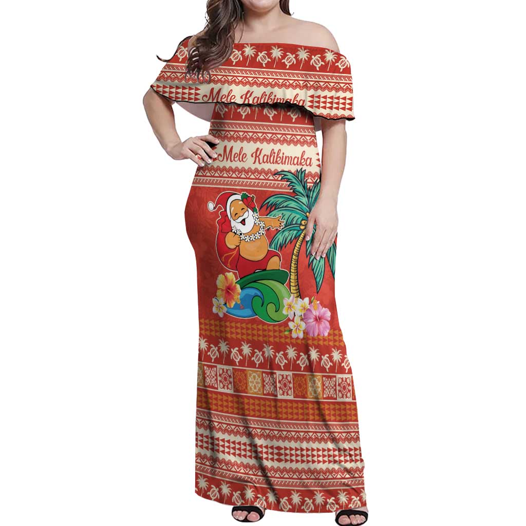 Hawaii Mele Kalikimaka Off Shoulder Maxi Dress Surfing Santa Funny Christmas