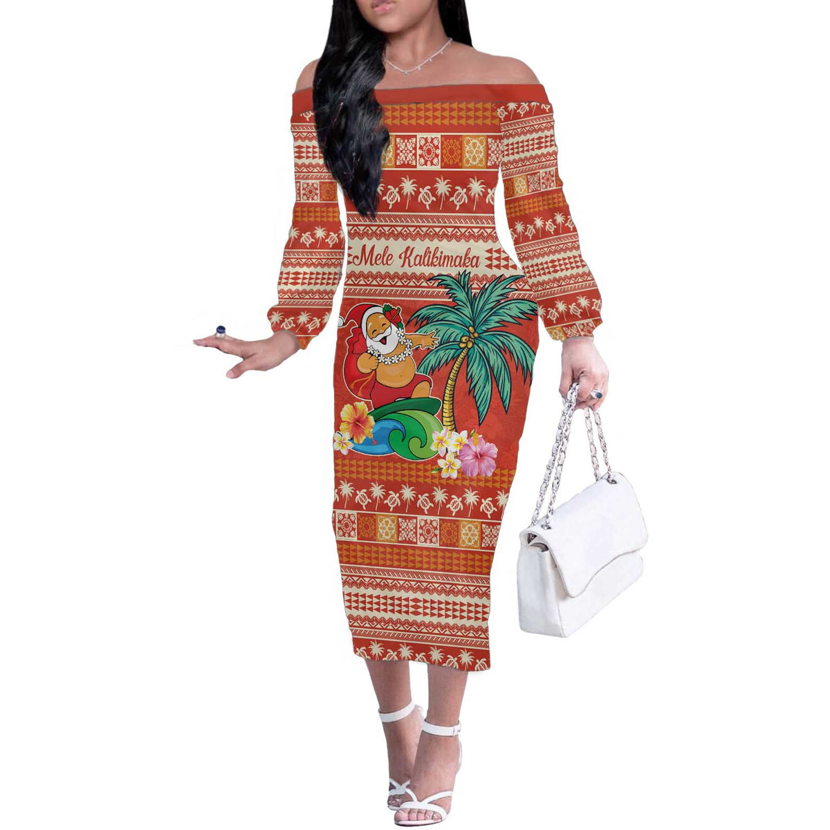 Hawaii Mele Kalikimaka Off The Shoulder Long Sleeve Dress Surfing Santa Funny Christmas LT9 Women Red - Polynesian Pride