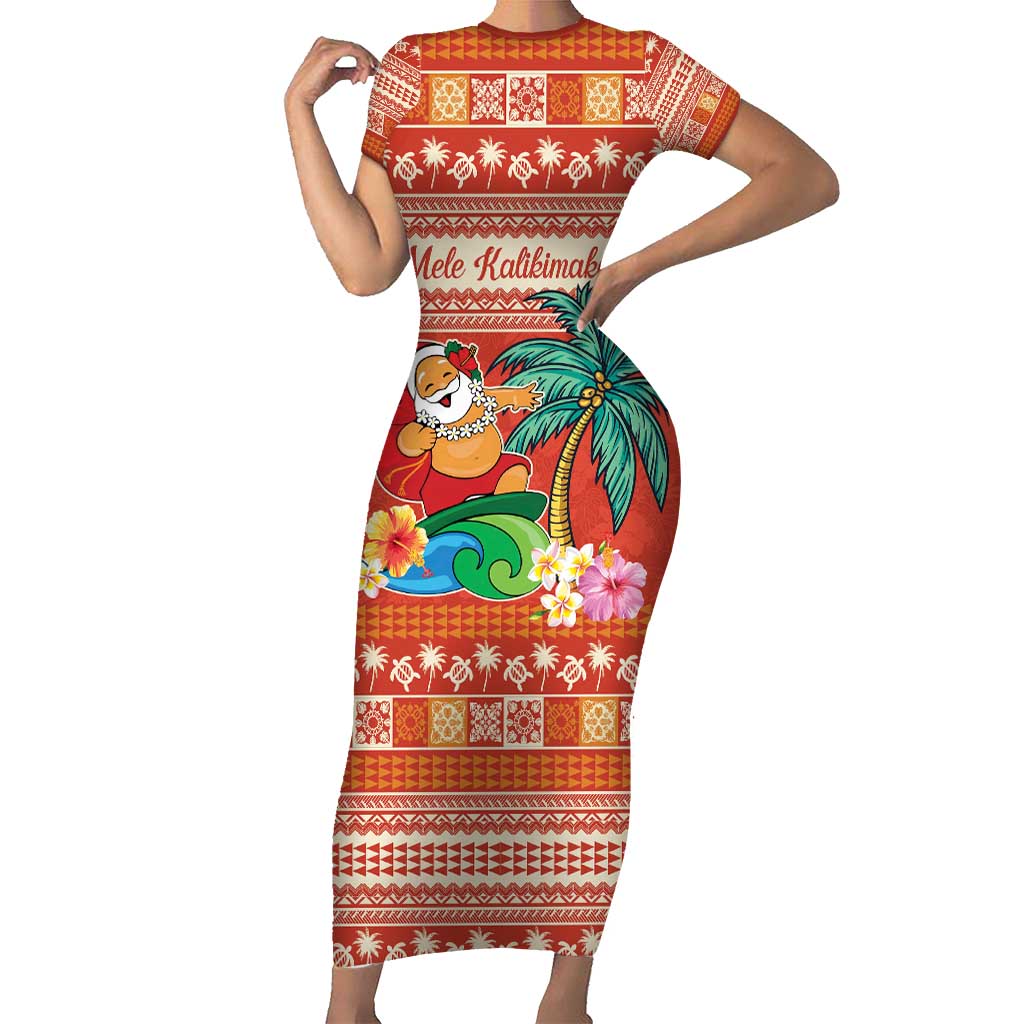 Hawaii Mele Kalikimaka Short Sleeve Bodycon Dress Surfing Santa Funny Christmas LT9 Long Dress Red - Polynesian Pride
