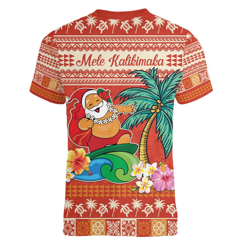 Hawaii Mele Kalikimaka Women V-Neck T-Shirt Surfing Santa Funny Christmas LT9 - Polynesian Pride