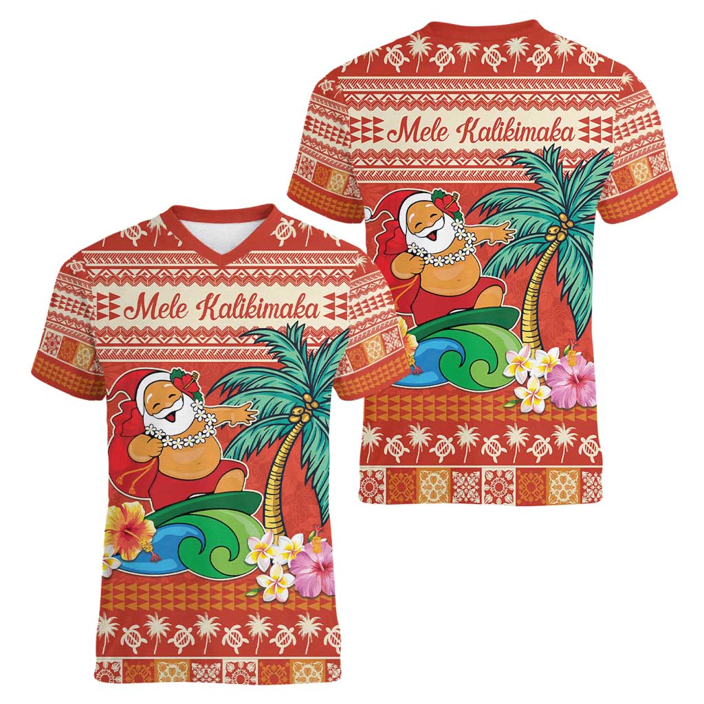 Hawaii Mele Kalikimaka Women V-Neck T-Shirt Surfing Santa Funny Christmas LT9 - Polynesian Pride