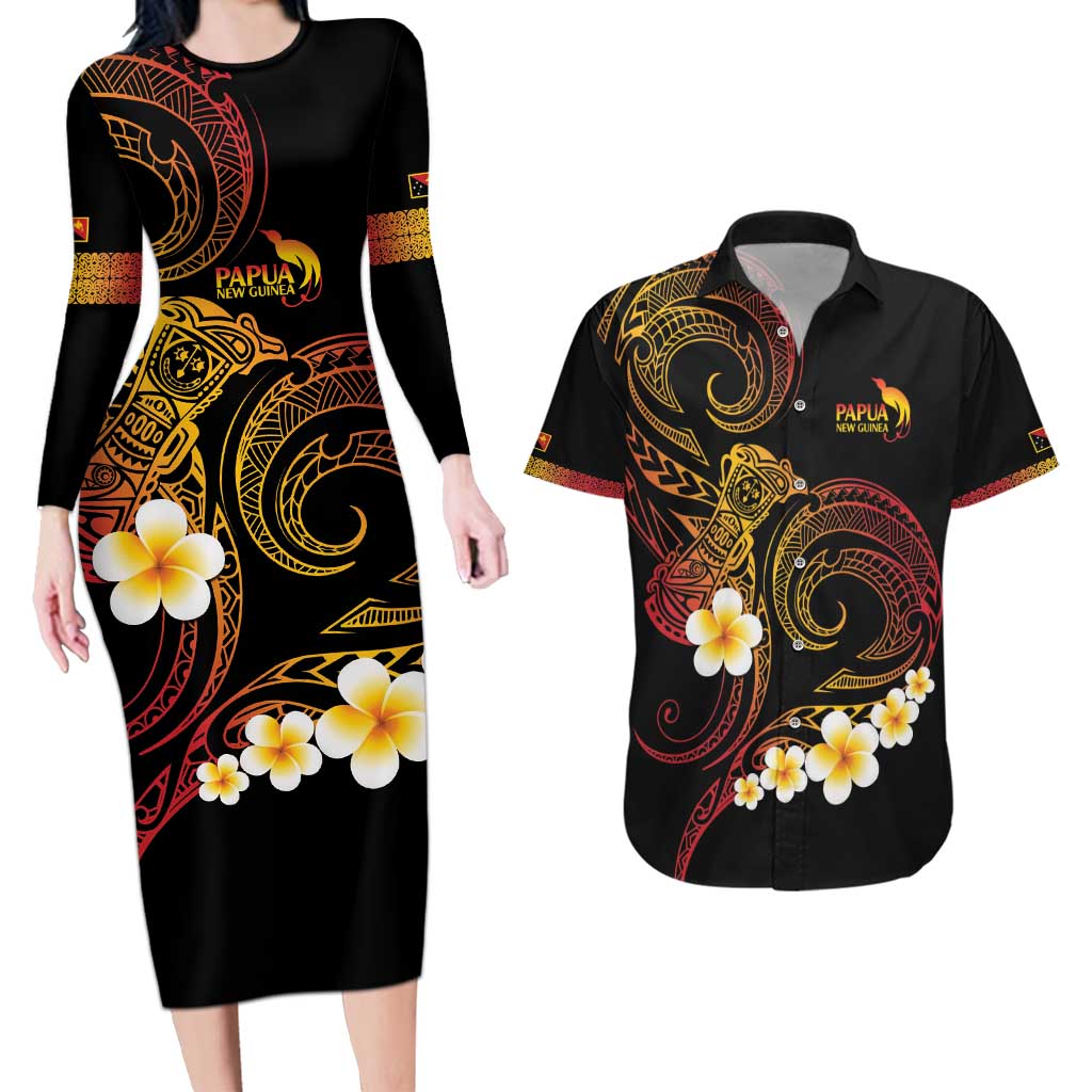 Personalised Papua New Guinea Sepik Couples Matching Long Sleeve Bodycon Dress and Hawaiian Shirt Plumeria Floral Tribal Pattern - Polynesian Pride
