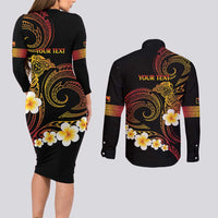 Personalised Papua New Guinea Sepik Couples Matching Long Sleeve Bodycon Dress and Long Sleeve Button Shirt Plumeria Floral Tribal Pattern - Polynesian Pride