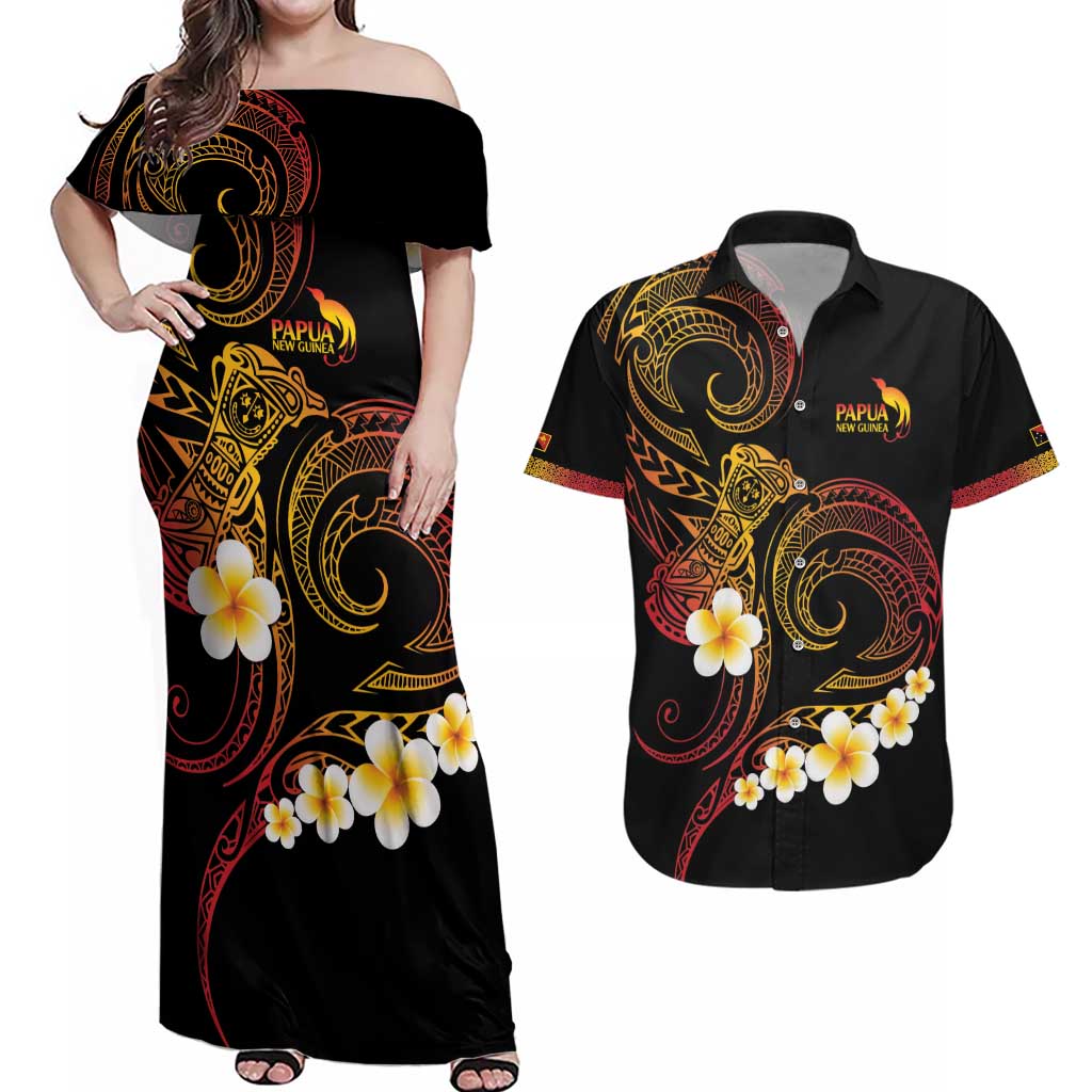 Personalised Papua New Guinea Sepik Couples Matching Off Shoulder Maxi Dress and Hawaiian Shirt Plumeria Floral Tribal Pattern - Polynesian Pride
