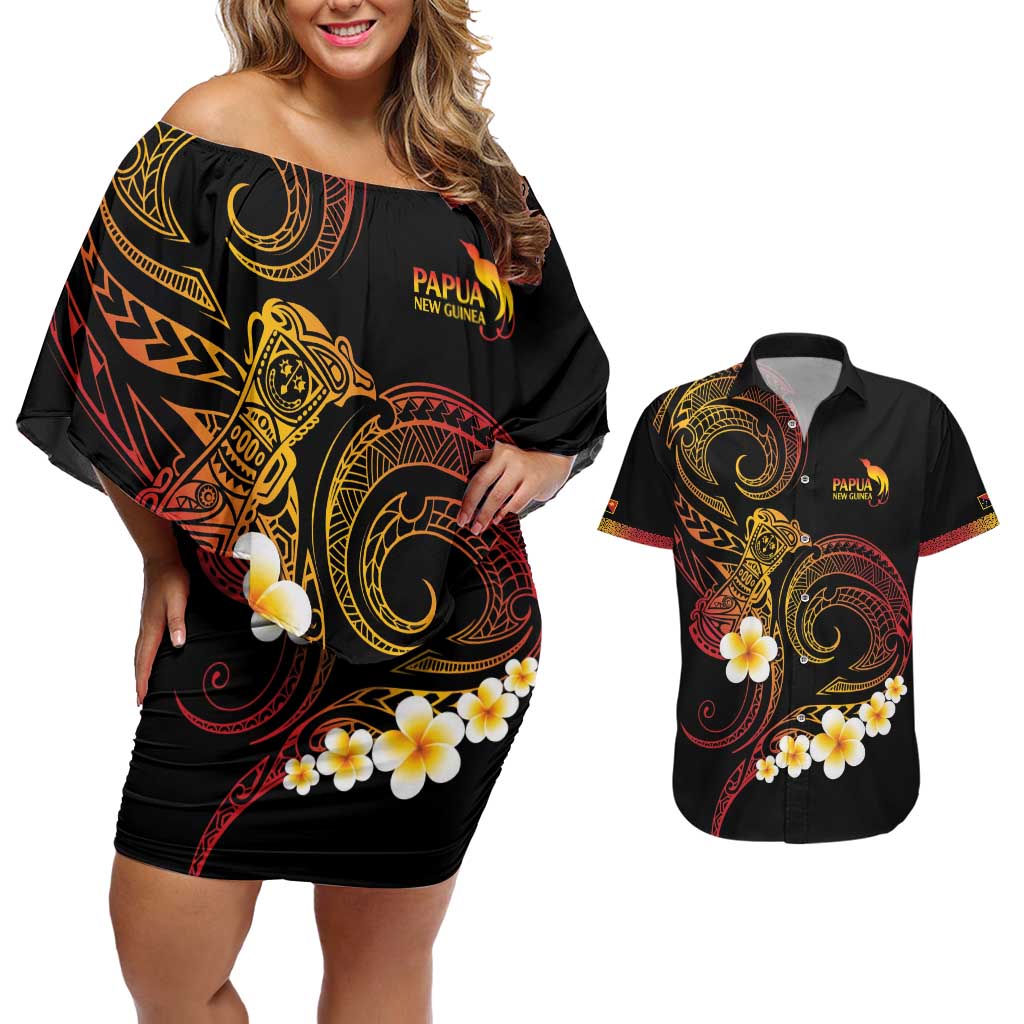 Personalised Papua New Guinea Sepik Couples Matching Off Shoulder Short Dress and Hawaiian Shirt Plumeria Floral Tribal Pattern - Polynesian Pride