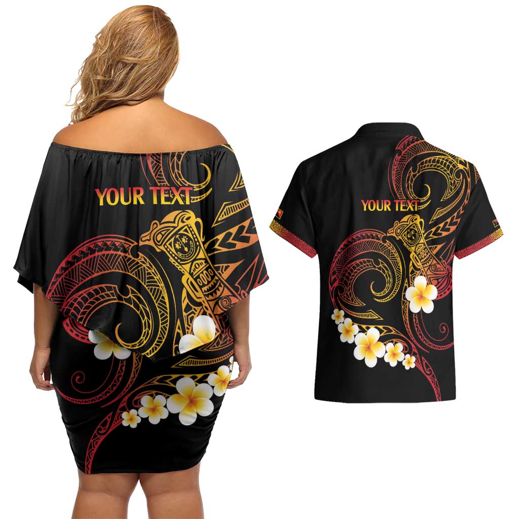 Personalised Papua New Guinea Sepik Couples Matching Off Shoulder Short Dress and Hawaiian Shirt Plumeria Floral Tribal Pattern - Polynesian Pride