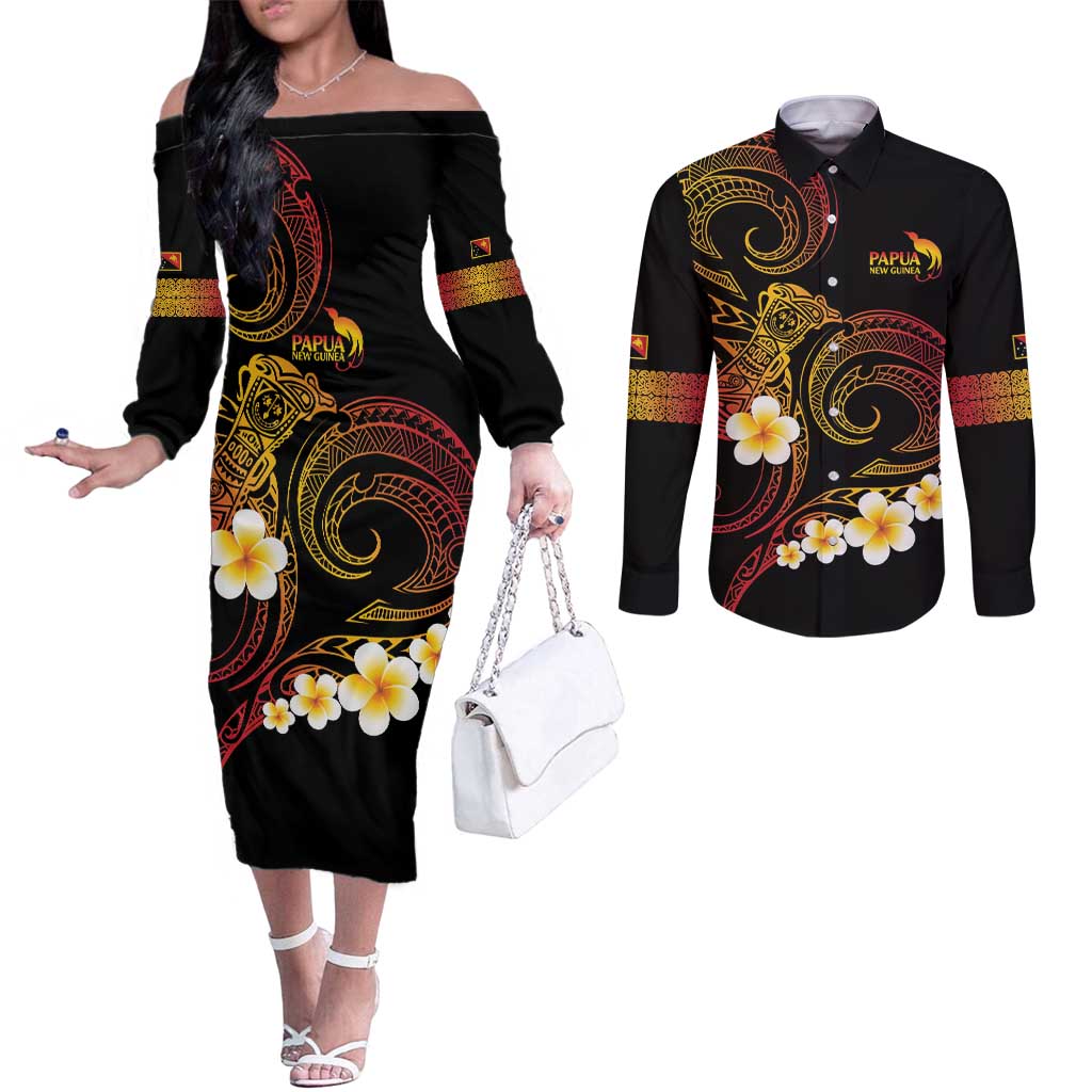 Personalised Papua New Guinea Sepik Couples Matching Off The Shoulder Long Sleeve Dress and Long Sleeve Button Shirt Plumeria Floral Tribal Pattern - Polynesian Pride