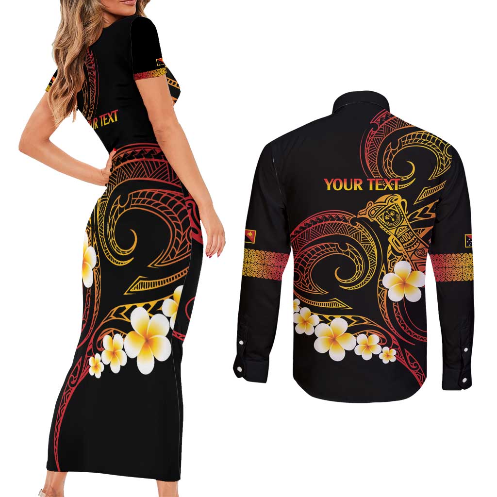 Personalised Papua New Guinea Sepik Couples Matching Short Sleeve Bodycon Dress and Long Sleeve Button Shirt Plumeria Floral Tribal Pattern - Polynesian Pride