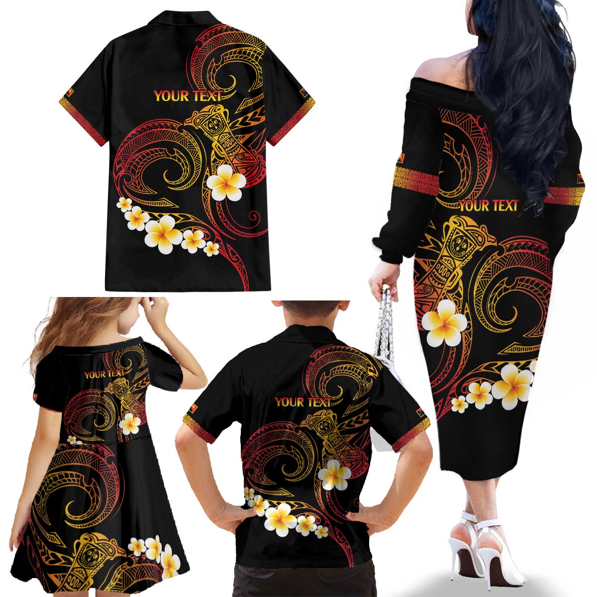Personalised Papua New Guinea Sepik Family Matching Off The Shoulder Long Sleeve Dress and Hawaiian Shirt Plumeria Floral Tribal Pattern - Polynesian Pride