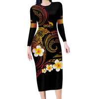 Personalised Papua New Guinea Sepik Long Sleeve Bodycon Dress Plumeria Floral Tribal Pattern LT9 Long Dress Black - Polynesian Pride