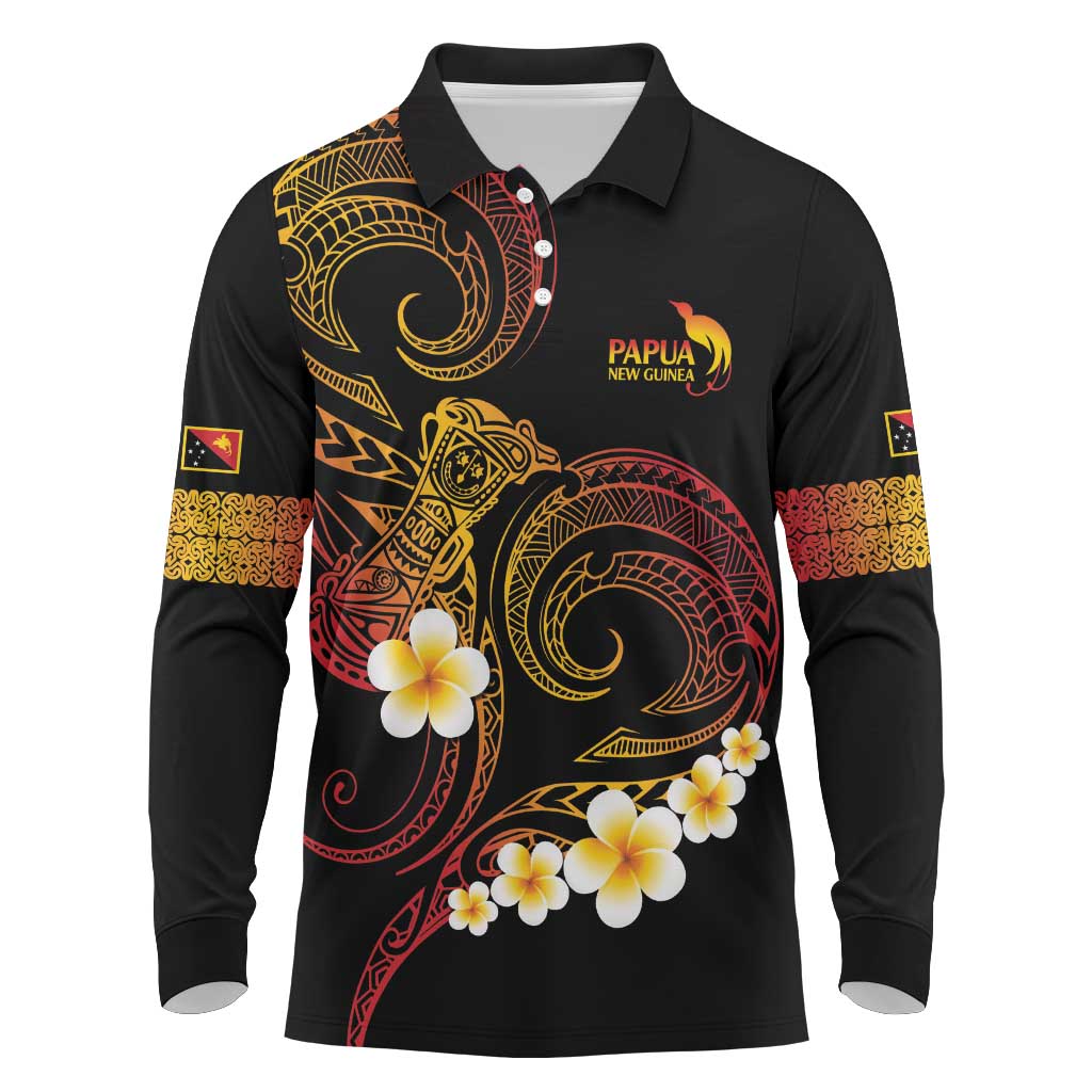 Personalised Papua New Guinea Sepik Long Sleeve Polo Shirt Plumeria Floral Tribal Pattern - Polynesian Pride