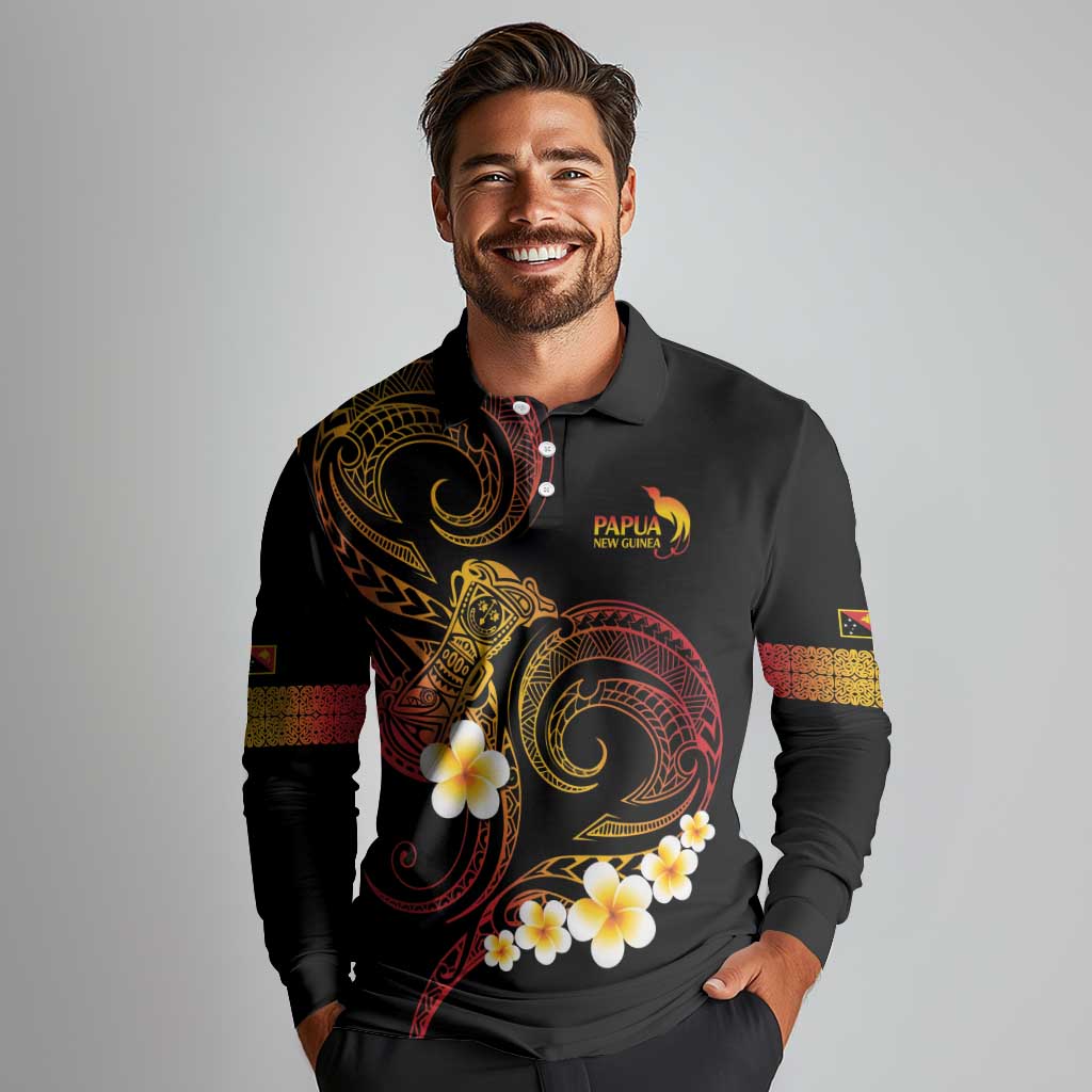 Personalised Papua New Guinea Sepik Long Sleeve Polo Shirt Plumeria Floral Tribal Pattern - Polynesian Pride