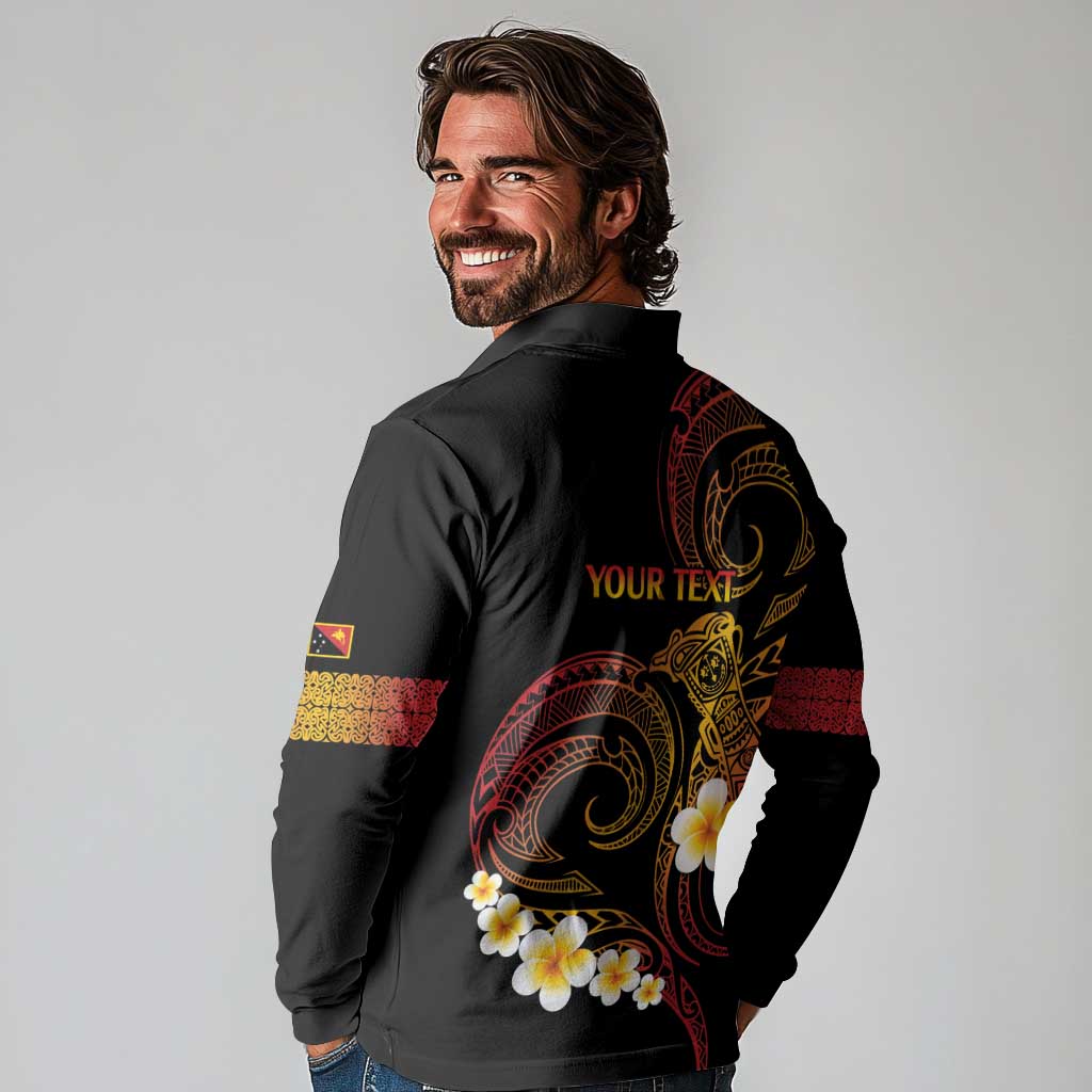 Personalised Papua New Guinea Sepik Long Sleeve Polo Shirt Plumeria Floral Tribal Pattern - Polynesian Pride