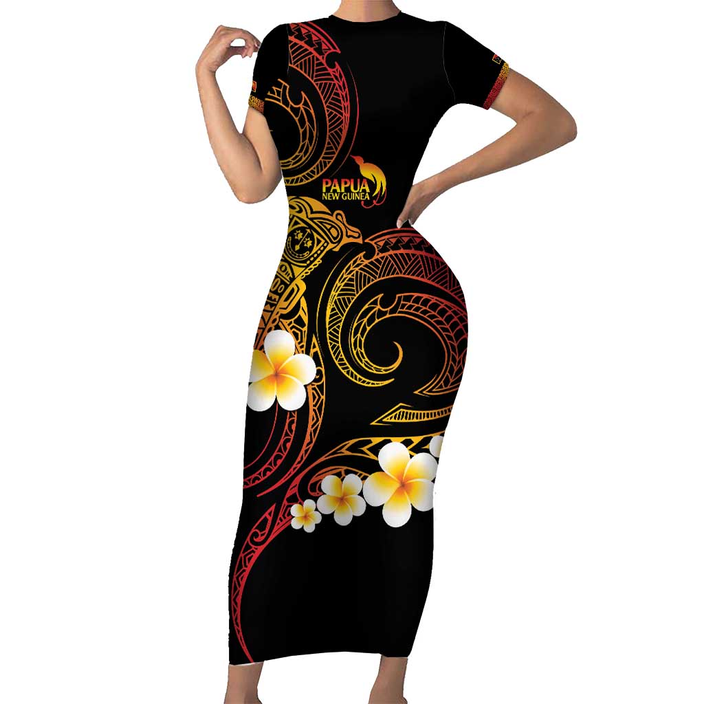 Personalised Papua New Guinea Sepik Short Sleeve Bodycon Dress Plumeria Floral Tribal Pattern LT9 Long Dress Black - Polynesian Pride