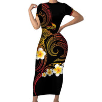 Personalised Papua New Guinea Sepik Short Sleeve Bodycon Dress Plumeria Floral Tribal Pattern LT9 Long Dress Black - Polynesian Pride