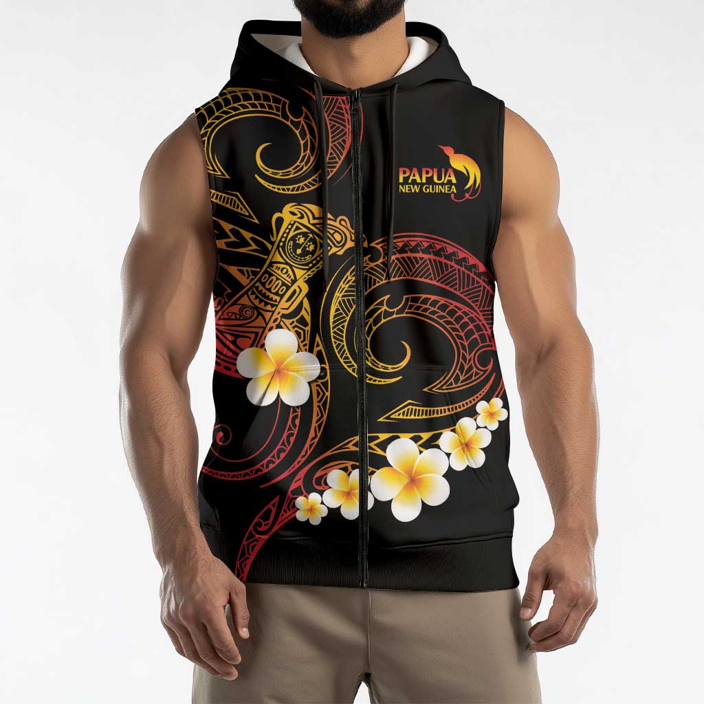 Personalised Papua New Guinea Sepik Sleeveless Zip Hoodie Plumeria Floral Tribal Pattern LT9 - Polynesian Pride