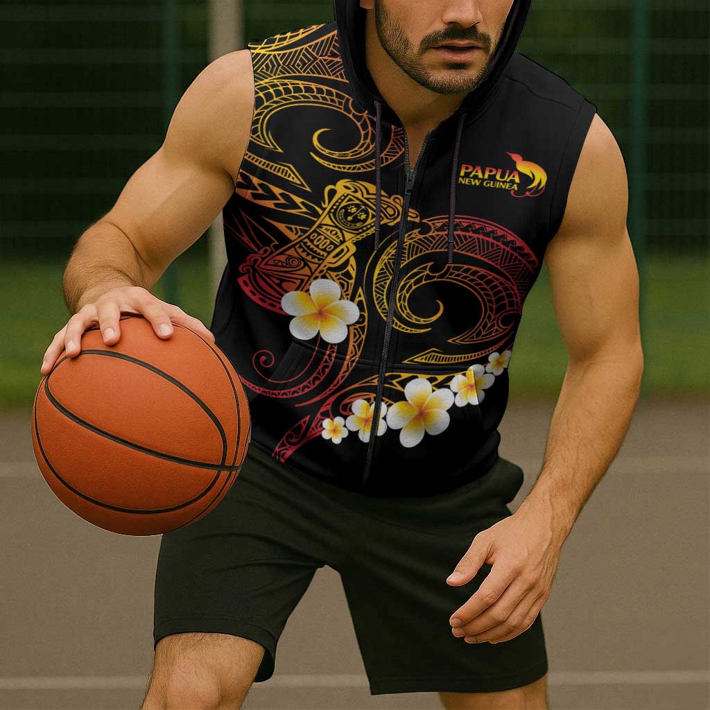 Personalised Papua New Guinea Sepik Sleeveless Zip Hoodie Plumeria Floral Tribal Pattern LT9 - Polynesian Pride