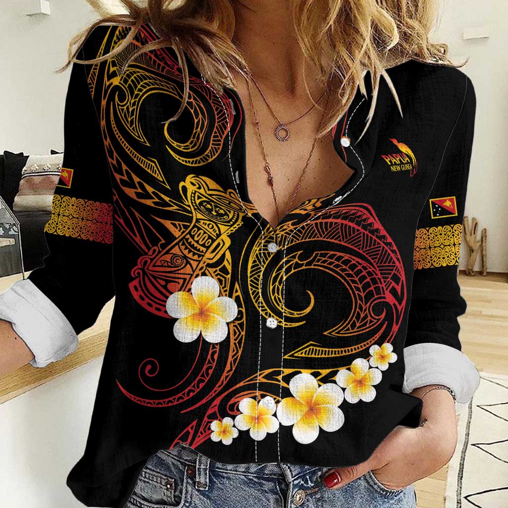 Personalised Papua New Guinea Sepik Women Casual Shirt Plumeria Floral Tribal Pattern - Polynesian Pride